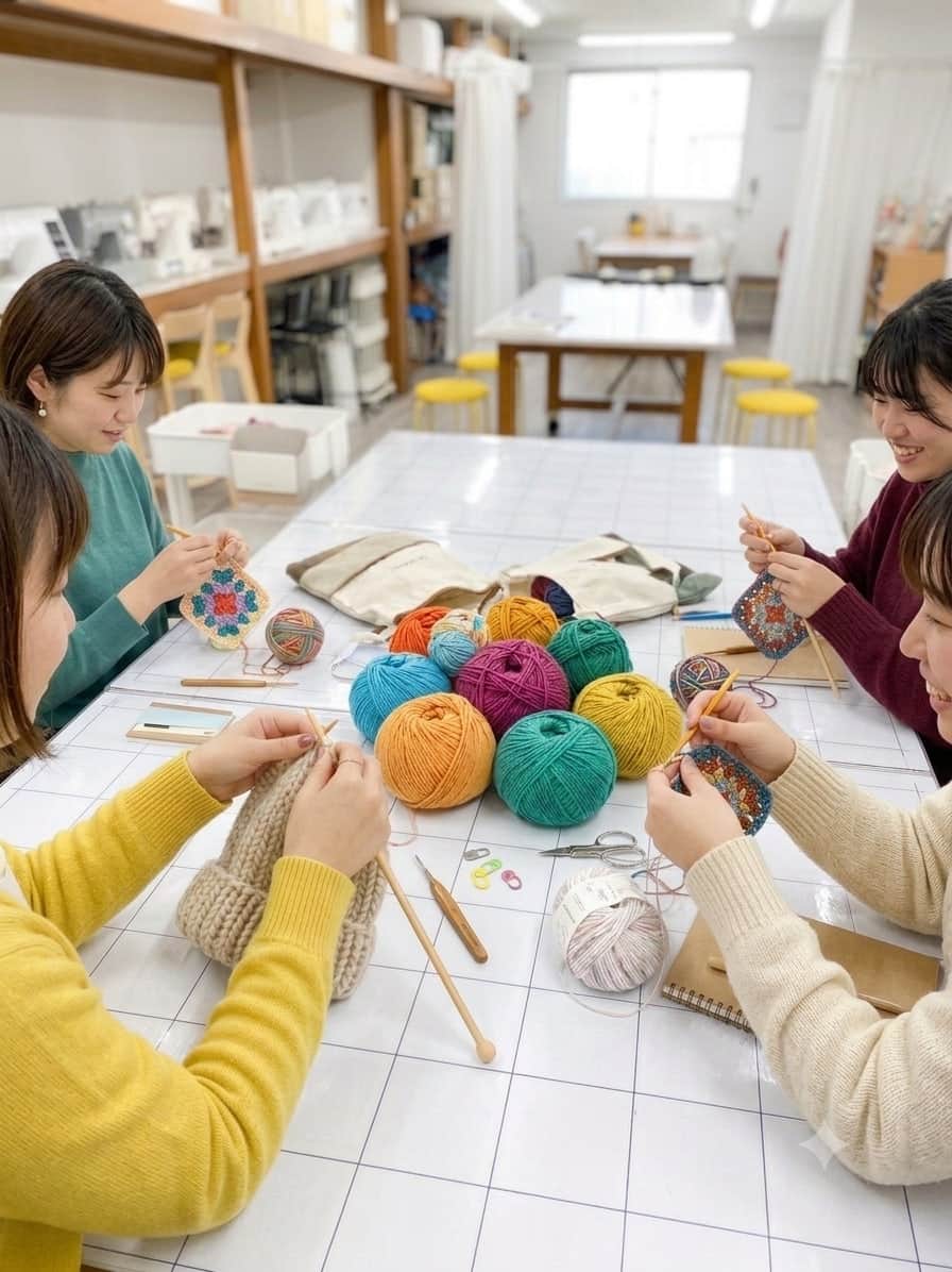 大テーブルを囲み、色とりどりの毛糸玉を前に編み物をする編み会の様子